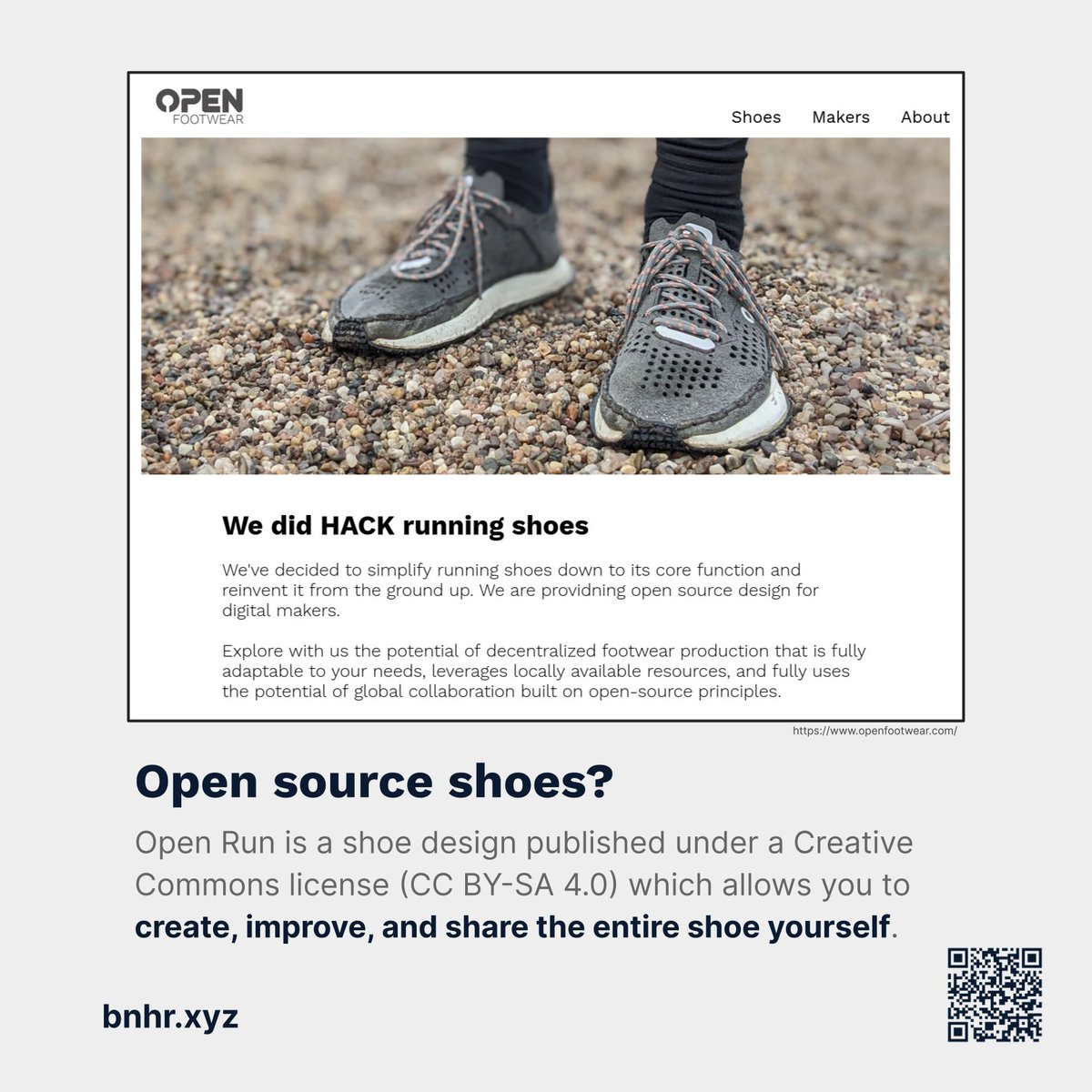 BNHRdotXYZ's tweet image. Open source applied to shoes? Yes!
Open Run is a shoe design published under a Creative Commons license (CC BY-SA 4.0) which allows you to create, improve, and share the entire shoe yourself.

Learn more at: openfootwear.com

#OpenSource #OpenRun #OpenFootwear