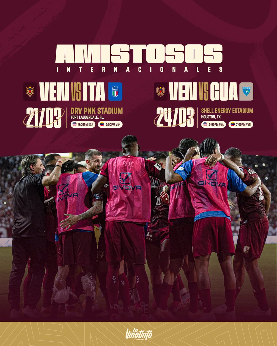 SeleVinotinto's tweet photo. 𝑵𝒖𝒆𝒗𝒂 𝒑𝒓𝒖𝒆𝒃𝒂 𝒆𝒏 𝒆𝒍 𝒉𝒐𝒓𝒊𝒛𝒐𝒏𝒕𝒆 👊🏽

📌 Amistosos Internacionales
🤝🏼 Italia y Guatemala
📍 EEUU
📆 21 y 24/03

#SiempreVinotinto 🇻🇪 https://t.co/wXnEwso1B2