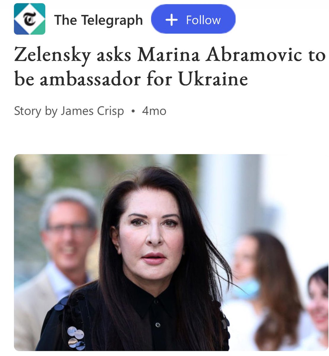 WarClandestine's tweet photo. The “spirit cooking” satanist witch that the Podestas were emailing, Marina Abramović, she is also close friends with Zelensky.

He recently appointed her as an ambassador to assist in the rebuilding of schools in Ukraine.

The lady who writes creepy messages in blood/shit/semen/breast milk on the walls and glorifies violence against children in her “art”… Zelensky decided to put her in charge of children’s facilities in Ukraine… 

The same lady who hangs out with notorious child traffickers and pedophiles, John and Tony Podesta. 

The same lady who hangs out with Jacob Rothschild and poses in front of famous painting “Satan Summoning His Legions”.

The truth is worse than you can imagine.