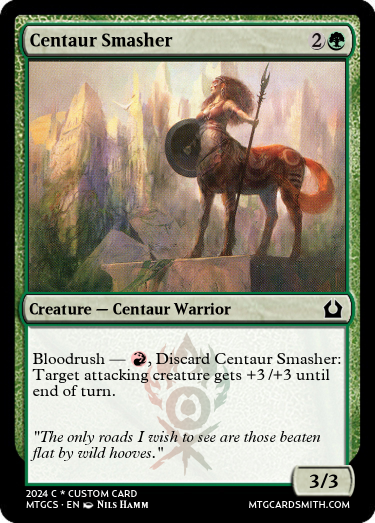 FiniteMTG's tweet photo. I sought the platonic ideal of a Bloodrush common in RTR Block.
Rubblebelt Maaka's pump is perfect but its mana value isn't; Slaughterhorn has great costs but lacks a critical point of toughness.
I devised a #custommagic solution that blends Centaur Courser with Built to Smash! https://t.co/OZ8rnlDAXl