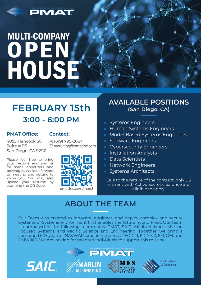 pmat_inc's tweet photo. Please join us and our partners SAIC, The Marlin Alliance, Inc., Mission Focused Systems Inc., and Pacific Science &amp; Engineering Group, Inc. for some appetizers and refreshments. For more info visit https://t.co/BES9s0N0d1

#GovCon #DoD #Hiring #RecruitingEvent #Recruiting https://t.co/75ikFKRMDI