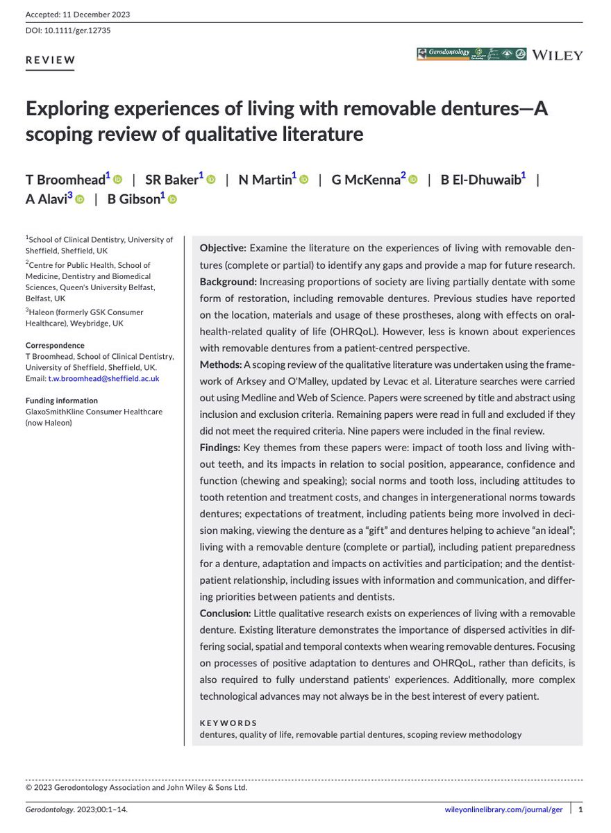 Prof Sarah Baker (@sarahrbakerdph) on Twitter photo Our first paper of 2024
A really important area but one that gets very little attention because it’s neither trendy or sexy
What’s the impact of tooth loss?
How do people adapt to dentures?
A great project with a fantastic team <a href="/tw_broomhead/">Tom Broomhead</a> <a href="/GerryMcKenna_/">Gerry McKenna</a>
#dentistry Our first paper of 2024
A really important area but one that gets very little attention because it’s neither trendy or sexy
What’s the impact of tooth loss?
How do people adapt to dentures?
A great project with a fantastic team <a href="/tw_broomhead/">Tom Broomhead</a> <a href="/GerryMcKenna_/">Gerry McKenna</a>
#dentistry