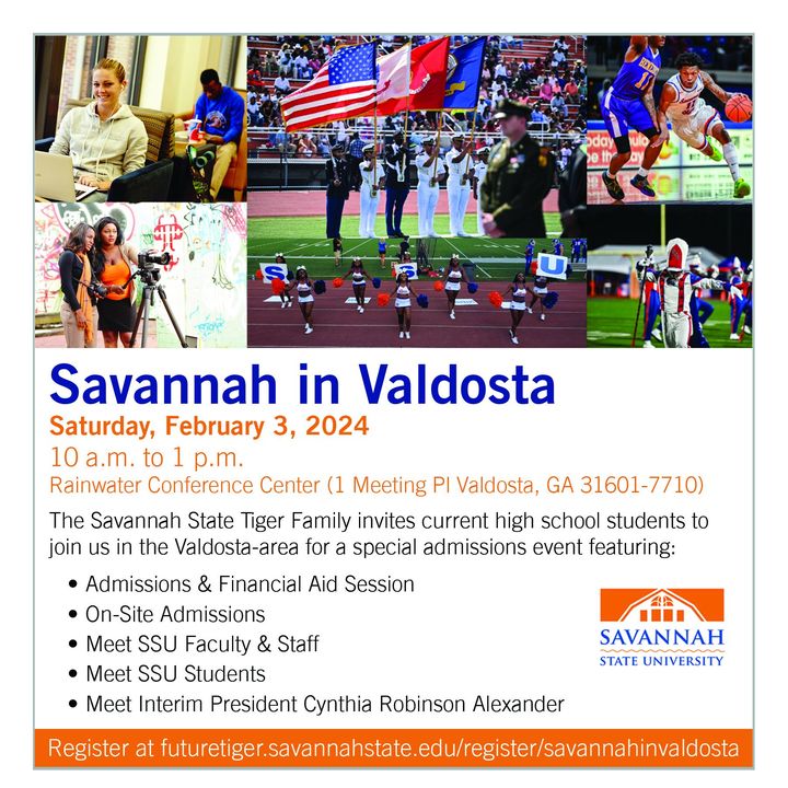 The #SSU Tiger Family invites current high school students and alums to attend a special admissions event in Valdosta on Feb. 3 from 10 a.m. - 1 p.m. To register for the event: bit.ly/3UcBYET #savannahga #hbcuproud #savannahstateuniversity #youcangetanywherefromhere