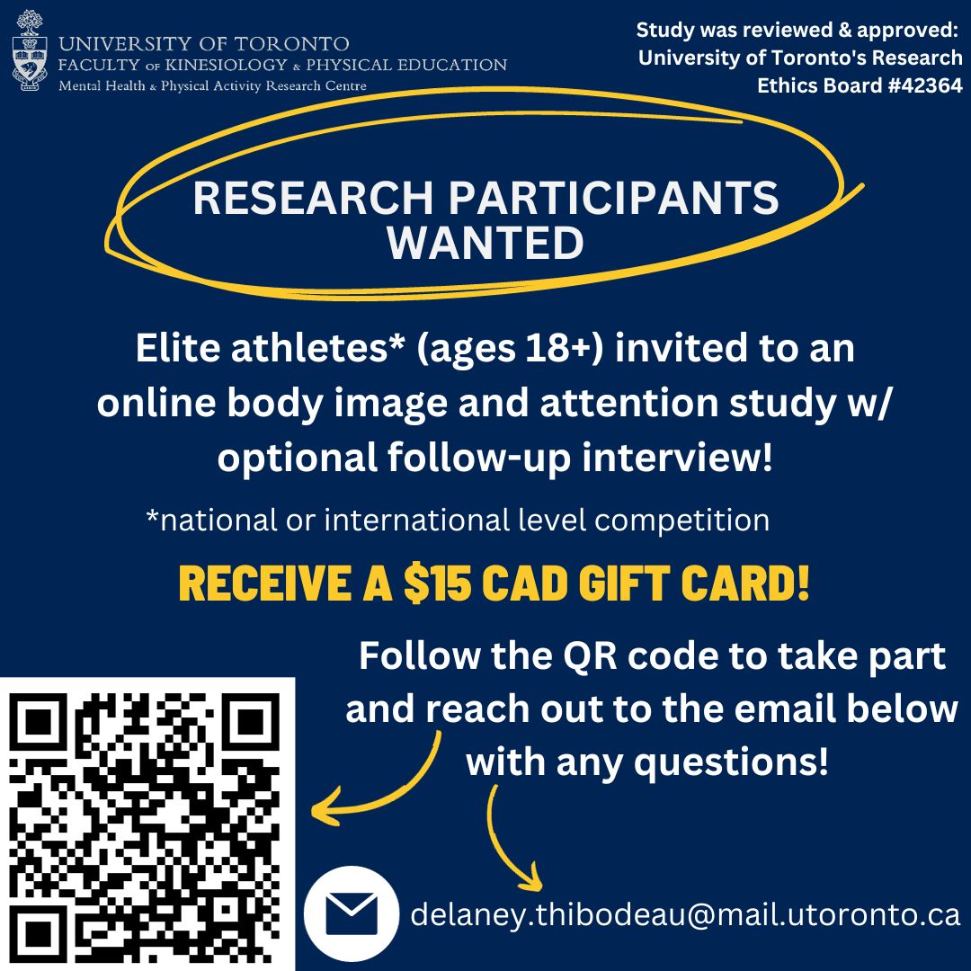 💭CALL FOR PARTICIPANTS🧠
We are currently looking for elite athletes to take part in an online survey study about body image & attention!🏅

Reach out to delaney.thibodeau@mail.utoronto.ca with any questions.

Link to survey: redcap.utoronto.ca/surveys/?s=3LM…

#eliteathlete #research
