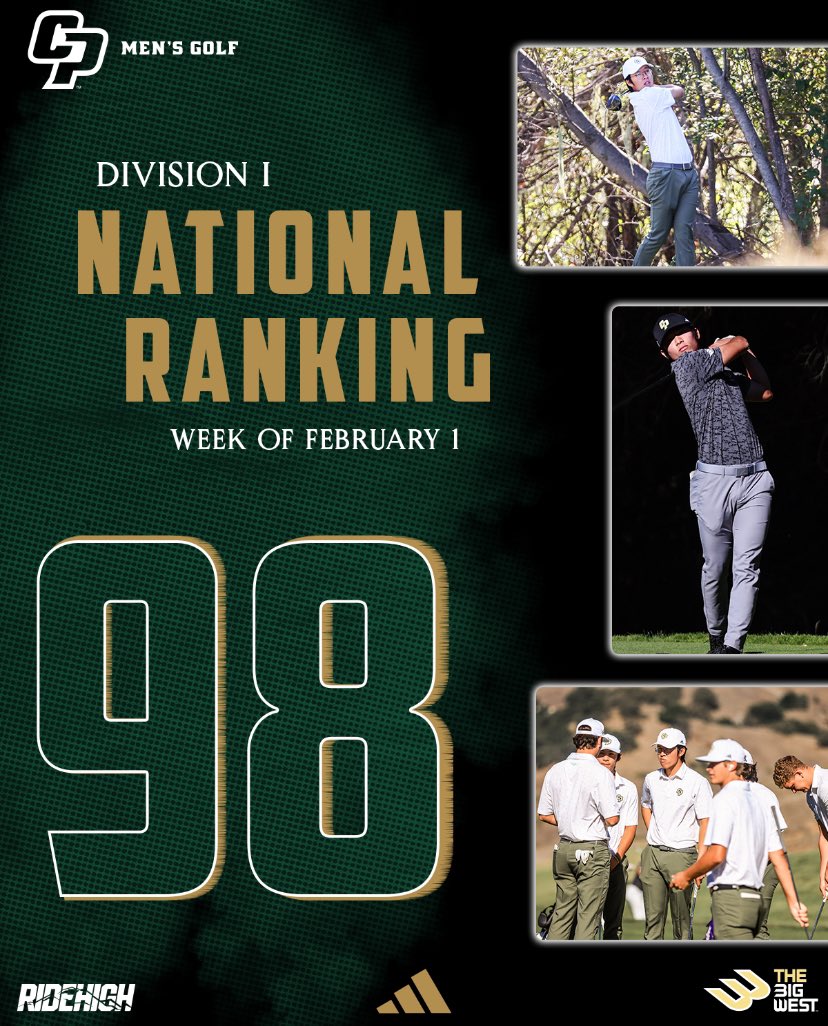 CalPolyMensGolf's tweet photo. Cal Poly lands in the top 100 in the first ranking of the spring. The mustangs climbed 7 spots after our performance at the Sea Best Invitational in a Florida. 
#RideHigh https://t.co/nDtr7ZXm6w