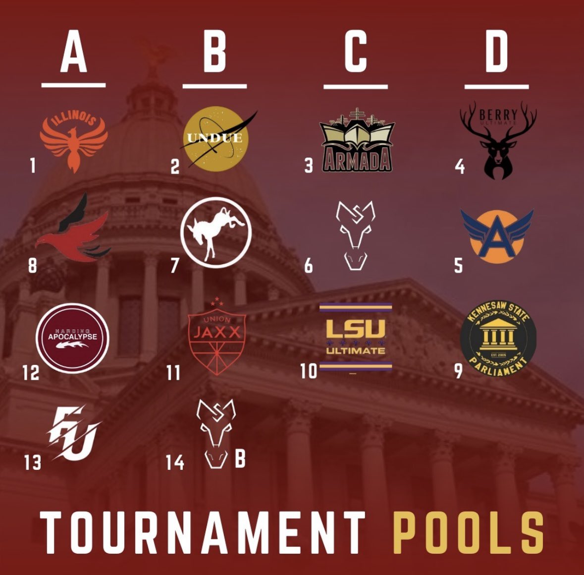 HailStateUlt's tweet image. Golden Triangle Invitational 

MSU A Darkhorse
9:00 @AuburnUltimate 
10:45 @VUarmada 
12:30 @LSUUltimateM 
2:30 TBD

MSU B Trenches
9:00 @UTCSwamp 
10:45 @purdue_ultimate 
12:30 @jaxxultimate 
2:30 TBD

Looking to be an extremely competitive tournament next weekend!