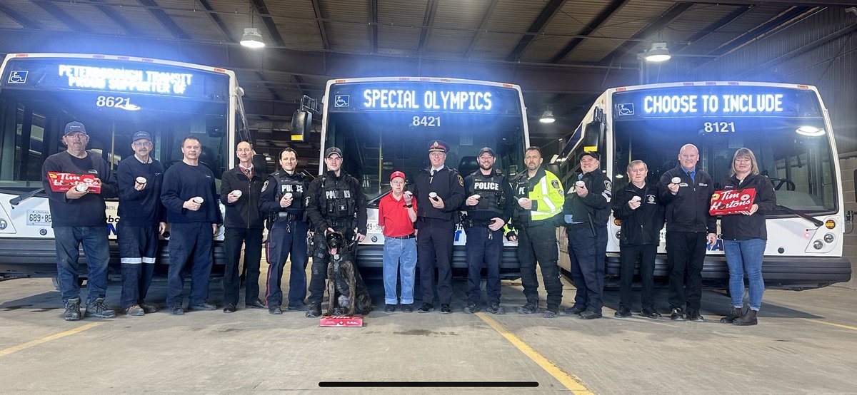 ⁦@PtboPolice⁩ ⁦@ptbo_transit⁩ proudly supporting ⁦@PeterboroughSOO⁩ @SOOntario⁩ ⁦@SpecialOCanada⁩ by purchasing ⁦@TimHortons⁩ 2024 edition of the SOO donut Feb 2-4 and help 26,000 Special Olympians in Ontario. K9 Gryphon said they’re delicious 😋