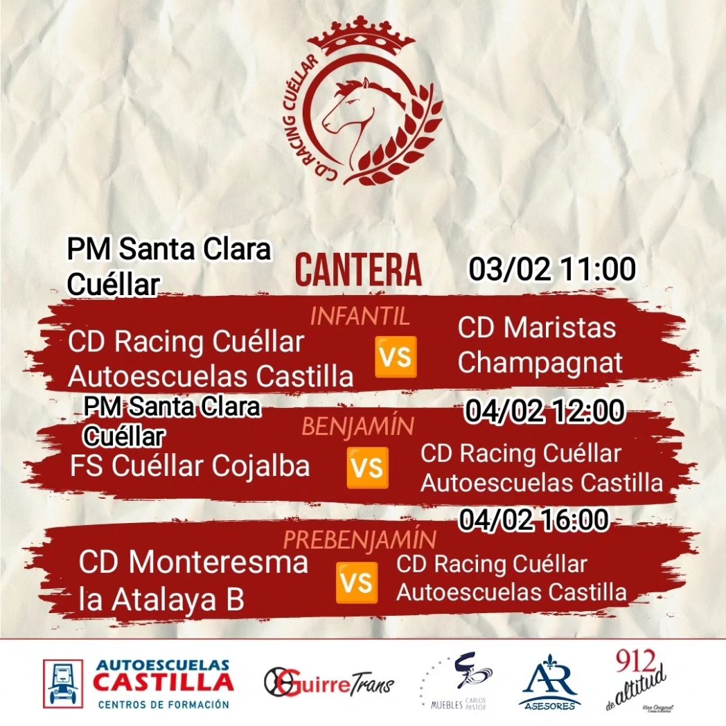rcuellarfs's tweet photo. Horarios de los partidos que disputarán este fin de semana nuestros equipos

#apoyoalcomerciolocal 
#apoyamoscantera 
#soydelracingcuéllar https://t.co/EvO8Eu7jqt