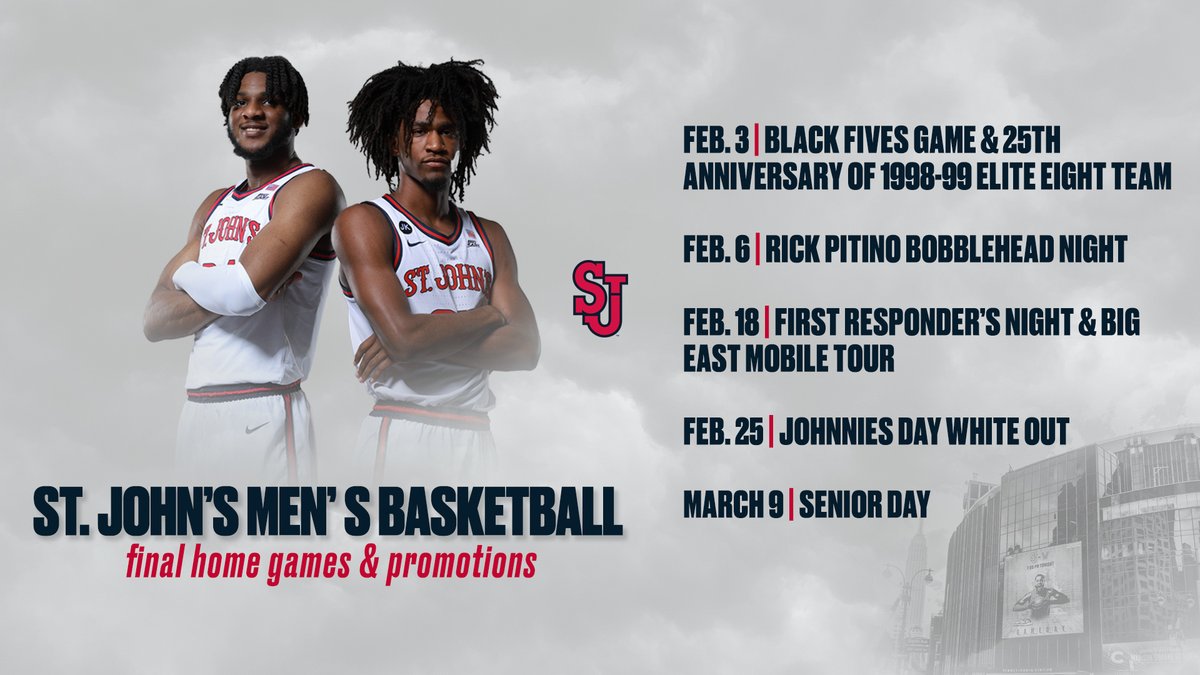 Final home games & promotions for @StJohnsWBB and @StJohnsBBall 🌩⤵️ WBB 🎟 → bit.ly/3tDmxdo MBB 🎟 → bit.ly/46Kht58 What games are you most excited for??