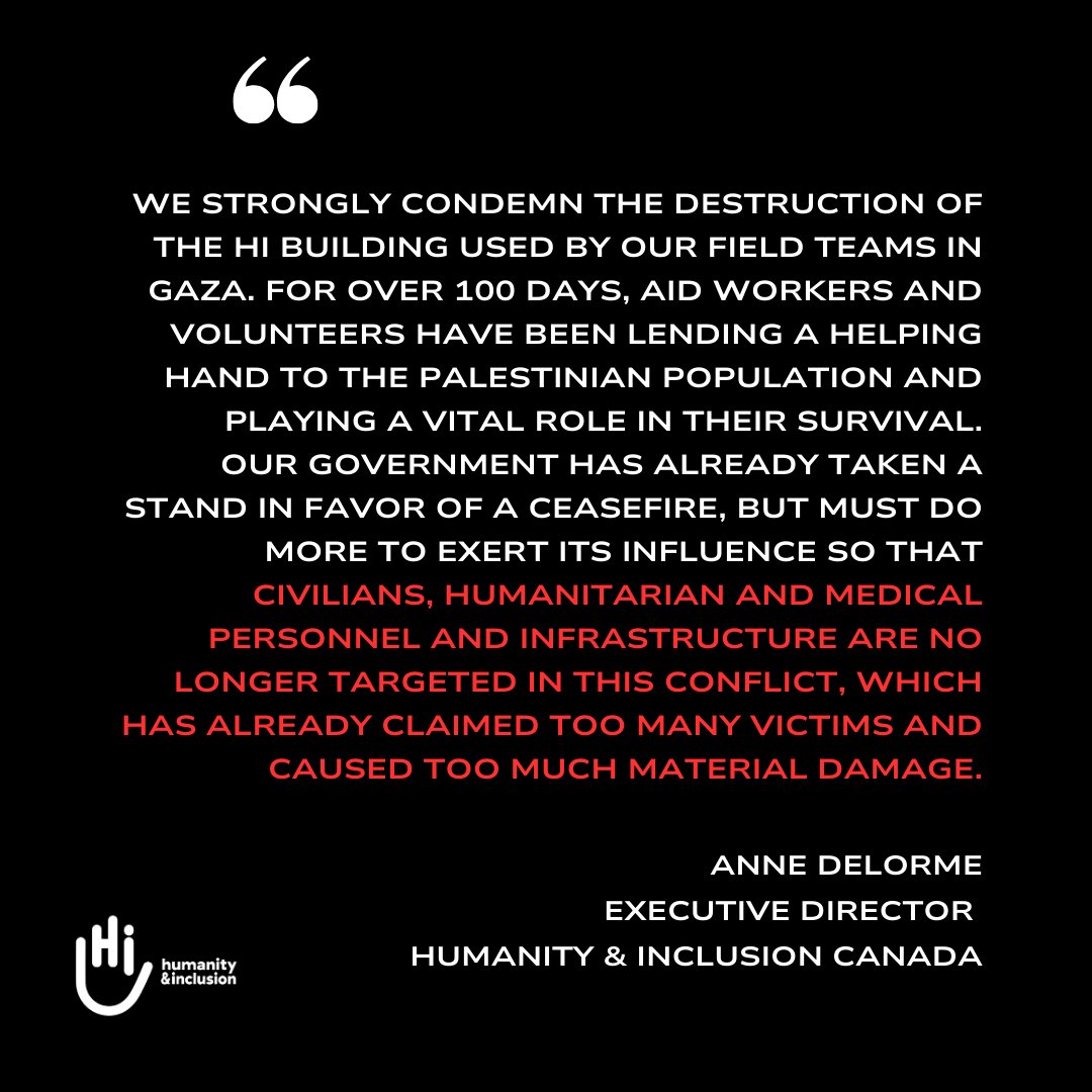 HI_Canada's tweet photo. 🚨Humanity &amp; Inclusion's office located in the Rimal neighborhood in #GazaCity, has been destroyed in a bombing strike. #CeasefireNOW #StopBombingCivilians

Full statement here: https://t.co/3HSF1VCiRK https://t.co/kjnfJglvhZ