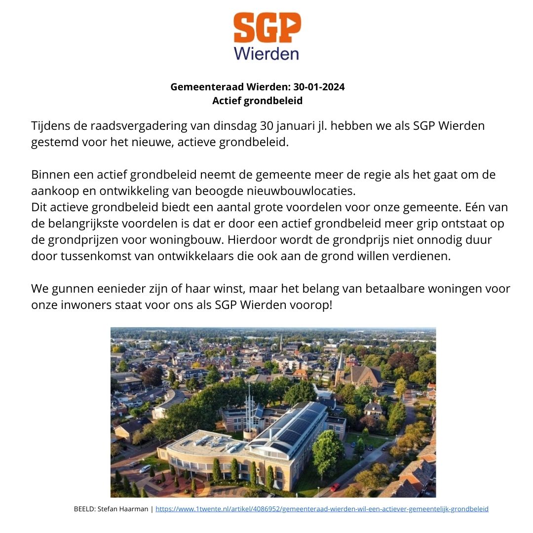 Afgelopen dinsdag was weer de eerste gemeenteraadsraadsvergadering van 2024. Dit ging over actief grondbeleid. 

Hierbij een korte update hierover. 

Vragen? Mail naar: drijnders.sgpwierden@gmail.com