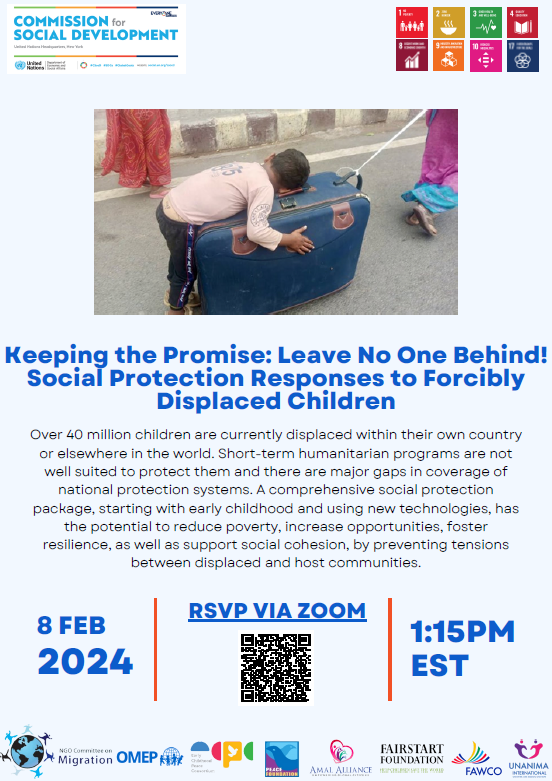 JCoR2030's tweet photo. 📢Join the NGO Committee on #Migration for a #CSocD62 side event focusing on social protection for displaced children. #LeaveNoOneBehind 

🗓️8 Feb 1:15PM-2:30PM (ET)

Register: https://t.co/9UKNtsHT2j

👥with @UNANIMAIntl @FAWCO @SesameWorkshop @WorldOMEP @amalalliance @ecdpeace https://t.co/cgaRwEJPGs