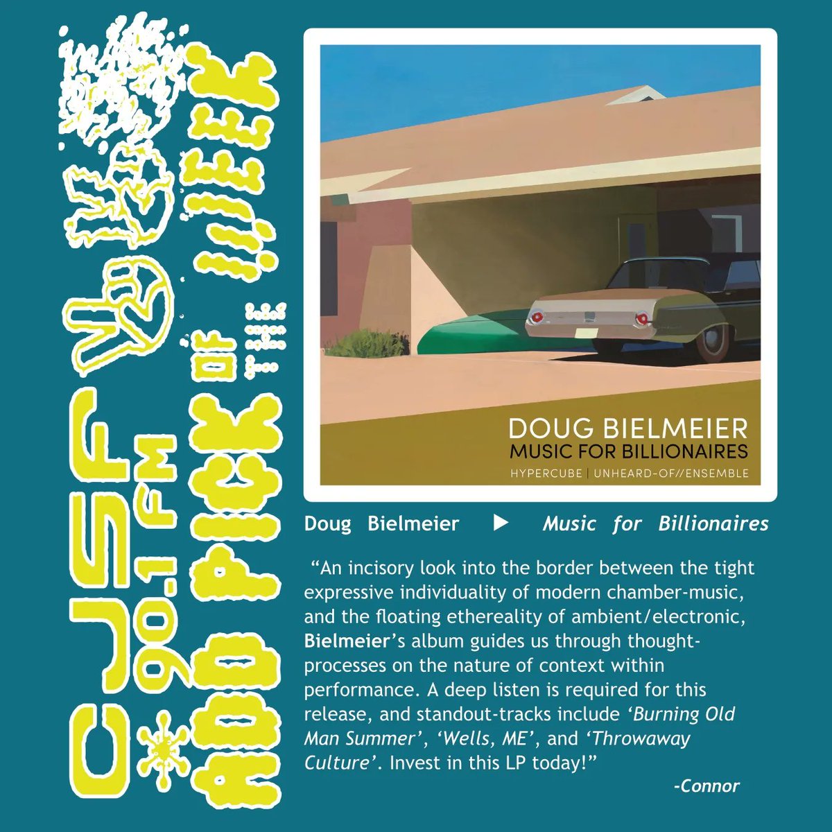 CJSF's tweet image. And now, we start off the month of February with some of our #LatestListens from the past couple of weeks, ft. our newest #CJSFPicks, @DougBielmeier&apos;s &quot;Music for Billionaires&quot; + Jacquie Daniel&apos;s &quot;Bad Decisions EP...&quot;