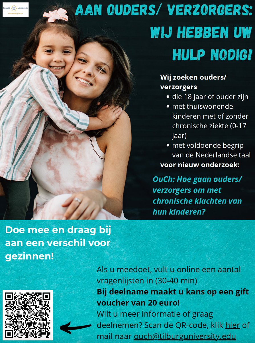 Inge Timmers, PhD (@inge__timmers) on Twitter photo Ouders gezocht voor ons onderzoek! We zijn op zoek naar ouders/verzorgers van kinderen met of zonder een chronische ziekte. Interesse of meer informatie nodig? Scan de QR-code, mail ons via OuCh@tilburguniversity.edu of klik op deze link: tinyurl.com/ouchstudie Delen is fijn! Ouders gezocht voor ons onderzoek! We zijn op zoek naar ouders/verzorgers van kinderen met of zonder een chronische ziekte. Interesse of meer informatie nodig? Scan de QR-code, mail ons via OuCh@tilburguniversity.edu of klik op deze link: tinyurl.com/ouchstudie Delen is fijn!