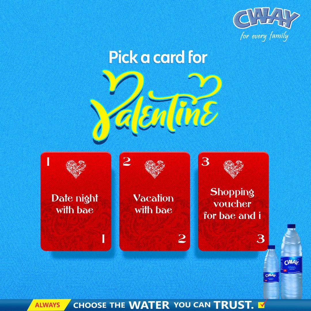 cwaytablewater's tweet photo. Which card will it be for Valentine's, date night with bae, a romantic getaway, or a shopping spree for bae? 💕 #HydrationStation #CWAYLove #DateNightEssentials #ValentinesReady https://t.co/YjNxwT5Xml
