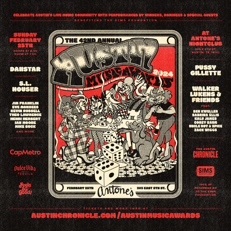AustinChronicle's tweet photo. The 42nd #AustinMusicAwards presented by @CapMetroATX, return Sunday, Feb. 25, at @antones with performances by winners, nominees, &amp; special guests including @DAISTARR, Pussy Gillette, @shouserrr, @walkerlukens, &amp; MORE! 🌟🎸

Tix on sale NOW benefitting the @SIMSfoundation ♥️