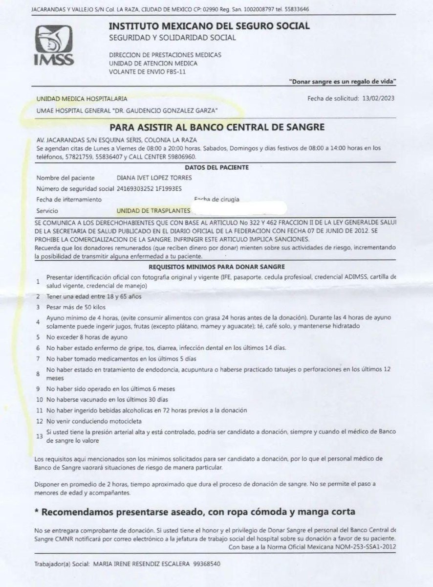 AlmaDeliaMC's tweet photo. Gente querida: mi sobrina va a donarle un riñón a su hermana, necesitamos 12 donadores de sangre. Ni siquiera tienen que formarse, pueden hacer cita en el IMSS.
Paciente que recibe: DIANA IVET LÓPEZ TORRES.
Donante: FRIDA MURILLO LÓPEZ.
Aquí la info, tel de contacto 55 1728 8801. https://t.co/4uWG8yaJoR