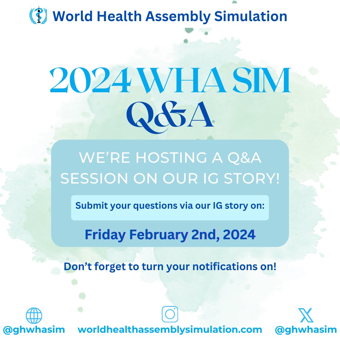 Got questions about the 2024 WHA SIM? 🌎We’re hosting a Q&amp;A session on our IG stories! Submit your questions today and tune into our IG stories for more info✨

#WHASIM2024 #YorkUniversity #WHO #GlobalHealth