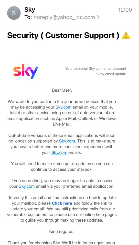 SBOM_No1's tweet photo. @SkyHelpTeam Hi Sky Team, my wife has received this e-Mail purporting to be from you, but when we checked the address, it appears to be a phishing email from those crooks in government. Are you aware? Surely illegal? https://t.co/olRUbR1lAa