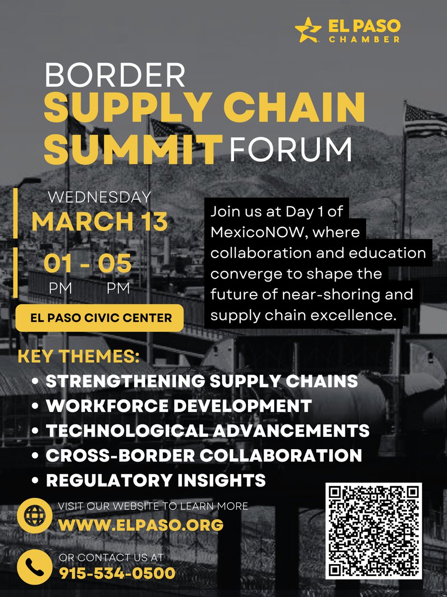 OnlineMEXICONOW's tweet image. Join us for the Border Trade &amp;amp; Economic Forum!
March 13th, 2024 @ El Paso Civic Center.
Don't miss out!
@EPC915
#border #supply #forum #supplychain #elpaso #convention #economy #finance #trade #business #production #economics #industry #industrial #manufacture #mexico #news #usa
