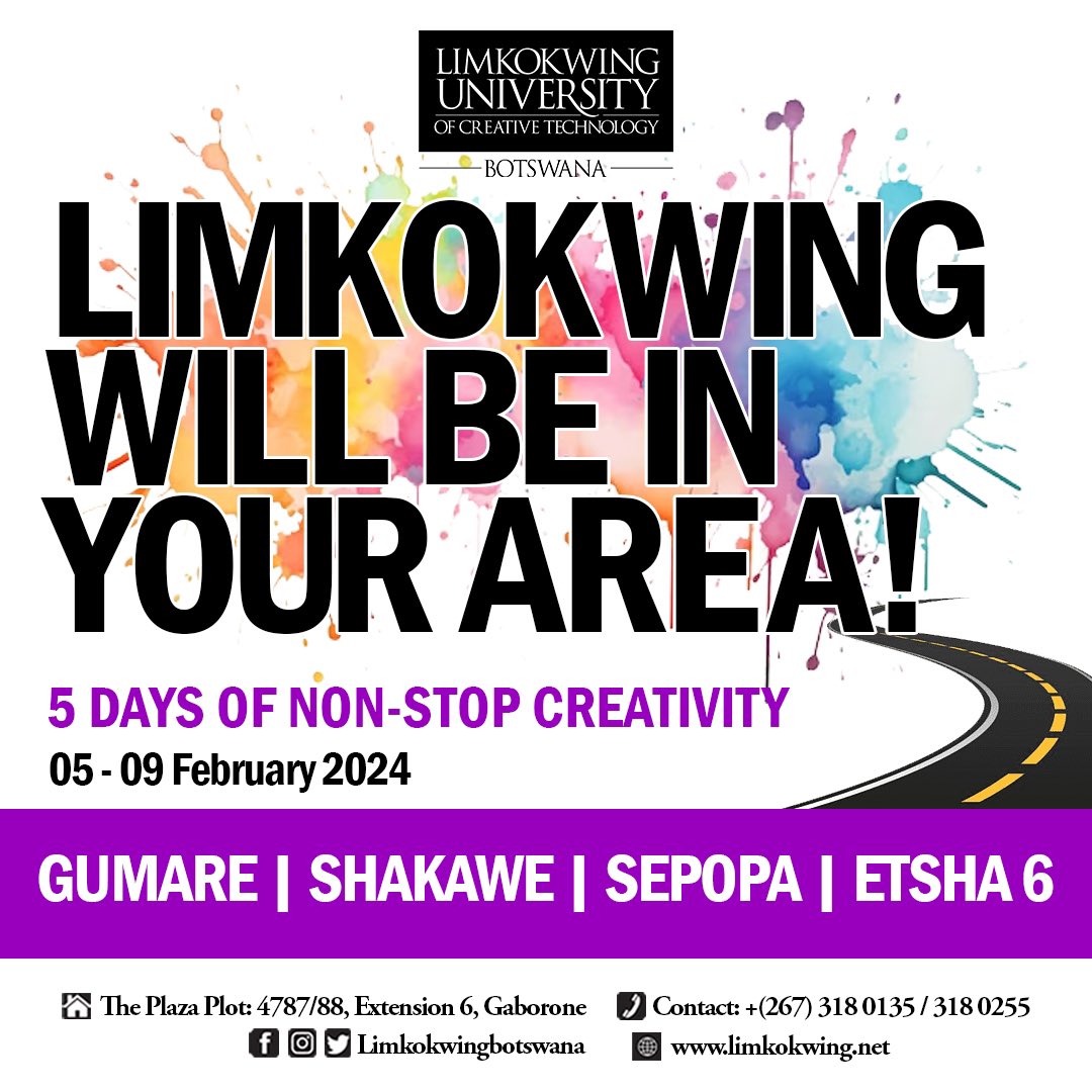 Limkokwing_BW's tweet photo. Come meet Team Limkokwing at
Gumare- 05th
Etsha 6-06th
Shakawe- 07th
Sepopa- 08th
We are bringing all Creativity and Education counselling to you
Contact them at +267 78264621
#universityofcreativity
#bethebestatlimkokwing
#2024NewIntake https://t.co/arMAmW4WFh