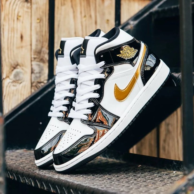 jordan 1 mid patent black white gold