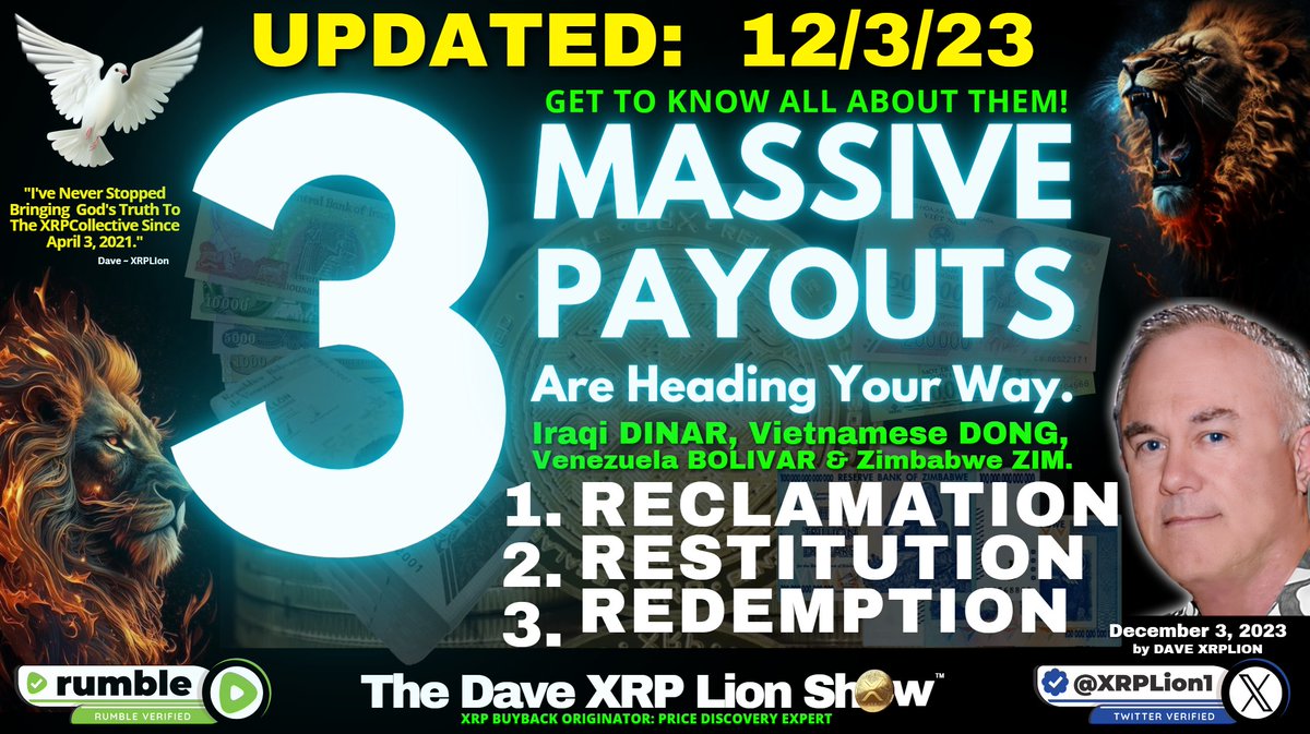 DavidXRPLion's tweet photo. ©DaveXRPLion™: What Are The 4 R's: Reclamation, Restitution/ Reparation & Redemption, All About?

1) RECLAMATION: is the act of returning something to a former, better state. Land reclamation might involve razing a strip mall and planting crops. Reclamation is the noun form of the verb to reclaim. Most people involved in reclamation want to reclaim something out of a sense of moral or environmental duty.
National Economic Stabilization And Reformation Act
This is the NESARA (U.S. Domestic Payout) portion already mirrored onto your QFS Account, shown at the Redemption Centre’s. It’s intended to restore what the Evil Cabal, Deep State and Khazarian Mafia Stole, Elites, corrupt Federal Reserve, Banksters, SEC and Wall Street stole from us and everyone in our lineage, not here today.
Who’s Eligible? (24 to 61+ Years Old) U.S. Citizen’s
Group 1: 61+            LUMPSUM   ~up to $61M*
Group 2: 45-60     LUMPSUM   ~up to $38M*
Group 3: 24-44     LUMPSUM   ~up to $23M*
* Values calculated based on 1994 meeting w/ Dan Rostenkowski.

2) RESTITUITON/REPARATION: is the act of giving back something that has been lost or stolen. In law, the act of compensating for loss or injury by reverting as far as possible to the position before such injury occurred. REPARATION: the making of amends for a wrong one has done, by paying money to or otherwise helping those who have been wronged.
This would account for all the unconstitutional acts committed upon humanity; income taxes, interest, mortgages, credit cards, loans, property taxes, converting us to CHATTEL with various types of bonds taken out on us from; birth certificate, social security cards, marriage, divorce, college and advanced degree and professional designations.
Who’s Eligible? Payouts (30-60+ Yrs Old) Groups 2-3: Monthly
GROUP 1: 60+            0-3 MONTHS*
GROUP 2: 49-59        12 MONTHS*
GROUP 3: 30-49         15 YEARS*
* subject to change.

3) REDEMPTION-TYPE 1: CURRENCY/ZIM BOND EXCHANGE: is a covenantal legal term strongly associated with ransom, atonement, substitution, and deliverance, thus salvation. Theologically, redemption refers ultimately to the saving work of Christ, who came to accomplish our redemption by giving his life in substitution for our own as the ransom price.
It is easy to think of redemption as the ultimate end, but restoration means that there is more to redemption than the promise of eternal life. The lives of the redeemed are restored to good purpose on earth. God's restored people “bear fruit in every good work and increase in the knowledge of God” (Col. 1:9-12).
This is identified as The Redemption Centre where we are to present ourselves, by ourselves & for ourselves to “redeem or exchange” your currencies and/or ZIM Bonds. These come with specific higher rates and predetermined allocation percentages of what will be deemed for “personal use” and the remainder for “humanitarian projects.”
The estimated allocation percentages are as low
as 5% to as high as 20% for “personal use.”*
* Subject to change. Dinar & Dong, double-digit rates. ZIM bonds 1:1 to USTN$. Actual value for ZIM is gold based, not USTN$. 

3) REDEMPTION-TYPE 2: XRP BUYBACK: is a covenantal legal term strongly associated with the redemption or return of ALL XRP tokens purchased and held, as non-securities. These tokens were originally minted, totalling 100 Billion. They were never intended to be held by anyone, but used to facilitate a value, per XRP sufficient to amass a total global liquidity pool of $100 Quadrillion to provide stability, harmony, and balance from now until the year 2030 for ALL Global Financial Markets.
While most holders within the XRP Community have been severely & psychologically misdirected on all the factors leading up to XRP’S role and purpose for use on the QFS(XRPL), this author has provided undeniable proof on its fair market value.
The use of XRP on the QFS(XRPL) was created “out of TIME” and “given to us in TIME” for a higher purpose. It was to save humanity by rooting out all evil from participating. It’s redemption is best handled thru the Redemption Centre process for “tendering” as it’s already being “mirrored” into Quantum Account Holders Accounts, in real time.
“The GOD-GIVEN Fair Market Value is $1,000,000/per XRP token.”

Let's take a closer look into this from my VIDEO: "3 PAYOUTS" https://t.co/9qMXLaFcsb