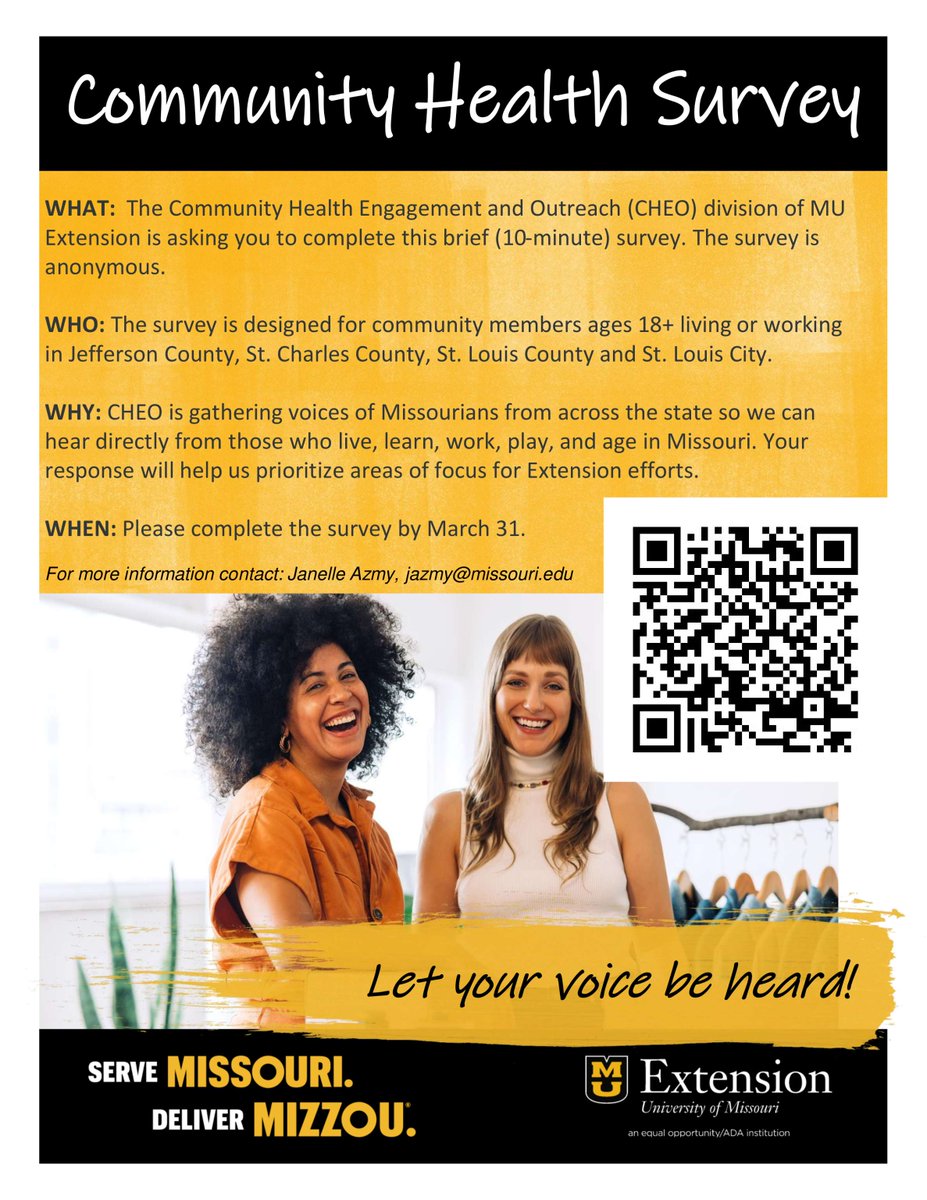 MUExtSTL's tweet image. Help us determine how to continue serving our community effectively! MU Extension's Community Health Survey is designed to sharpen the focus of Extension's educational efforts. All answers are anonymous. Fill it out now: missouri.qualtrics.com/jfe/form/SV_50…

#ExtendMU #MOHealth
