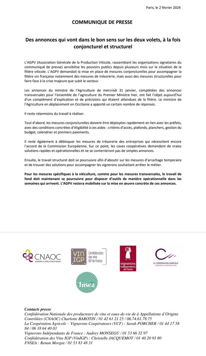 La Coopération Agricole - Vignerons Coopérateurs (@vigneronscoop) on Twitter photo 🍇🍷🗣 Des annonces qui vont dans le bon sens à la fois sur le volet #conjoncturel et #structurel.
Il reste néanmoins du travail à réaliser: de l'immédiateté, de l'efficacité et des actions concrètes sont attendues !
<a href="/Agri_Gouv/">Ministère Agriculture et Souveraineté alimentaire</a> <a href="/MFesneau/">Marc Fesneau</a> <a href="/GabrielAttal/">Gabriel Attal</a> <a href="/lv_vitisphere/">Vitisphere-La Vigne</a> 🍇🍷🗣 Des annonces qui vont dans le bon sens à la fois sur le volet #conjoncturel et #structurel.
Il reste néanmoins du travail à réaliser: de l'immédiateté, de l'efficacité et des actions concrètes sont attendues !
<a href="/Agri_Gouv/">Ministère Agriculture et Souveraineté alimentaire</a> <a href="/MFesneau/">Marc Fesneau</a> <a href="/GabrielAttal/">Gabriel Attal</a> <a href="/lv_vitisphere/">Vitisphere-La Vigne</a>
