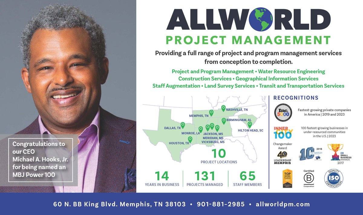 Allworld_PM's tweet photo. We are happy to announce that our very own CEO, Michael Hooks, Jr., was honored as one of the Power 100 by the Memphis Business Journal last night! https://t.co/LMgYOvehrn