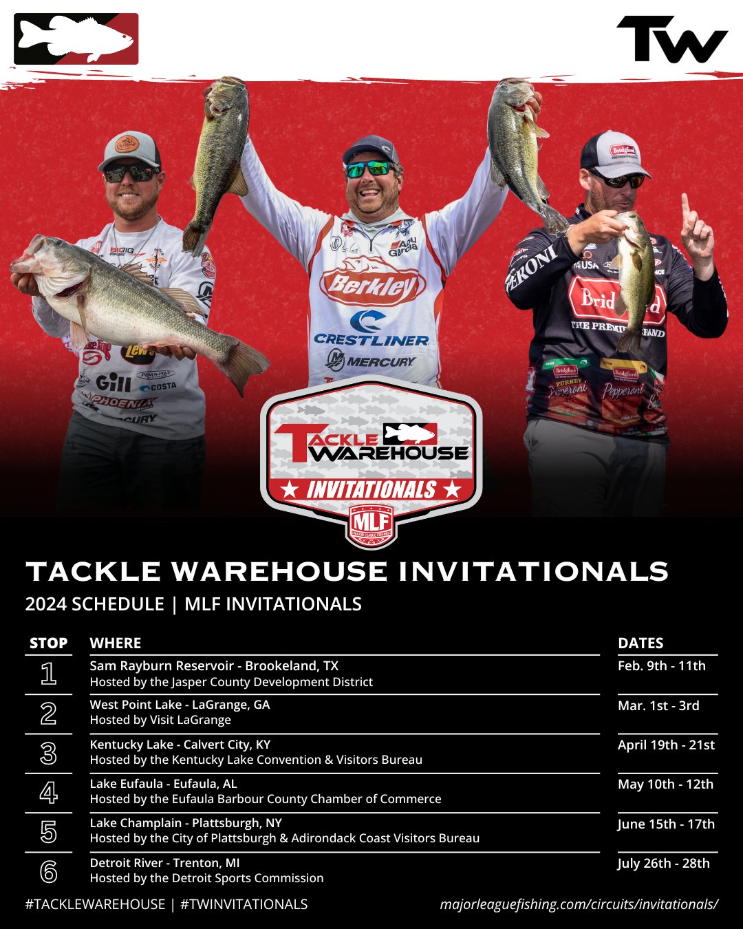 Tackle Warehouse on X: Mark your Calendars! The @MajorLeagueFish Tackle  Warehouse Invitationals 🎣 is almost here! Catch all the exciting action  from on the trail with six regular-season stops, and showcasing 150