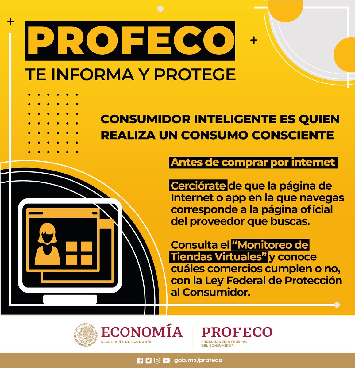 Profeco's tweet photo. ⚠️¡Ojo al comprar por Internet!💻
 
 👉Recuerda que existe una práctica de suplantación de identidad de proveedores para cometer fraudes.
 
 🔎Consulta el Monitoreo de #TiendasVirtuales antes de comprar en línea.
  🔗https://t.co/OQfL1eRdwY https://t.co/8NcY3gmJmA