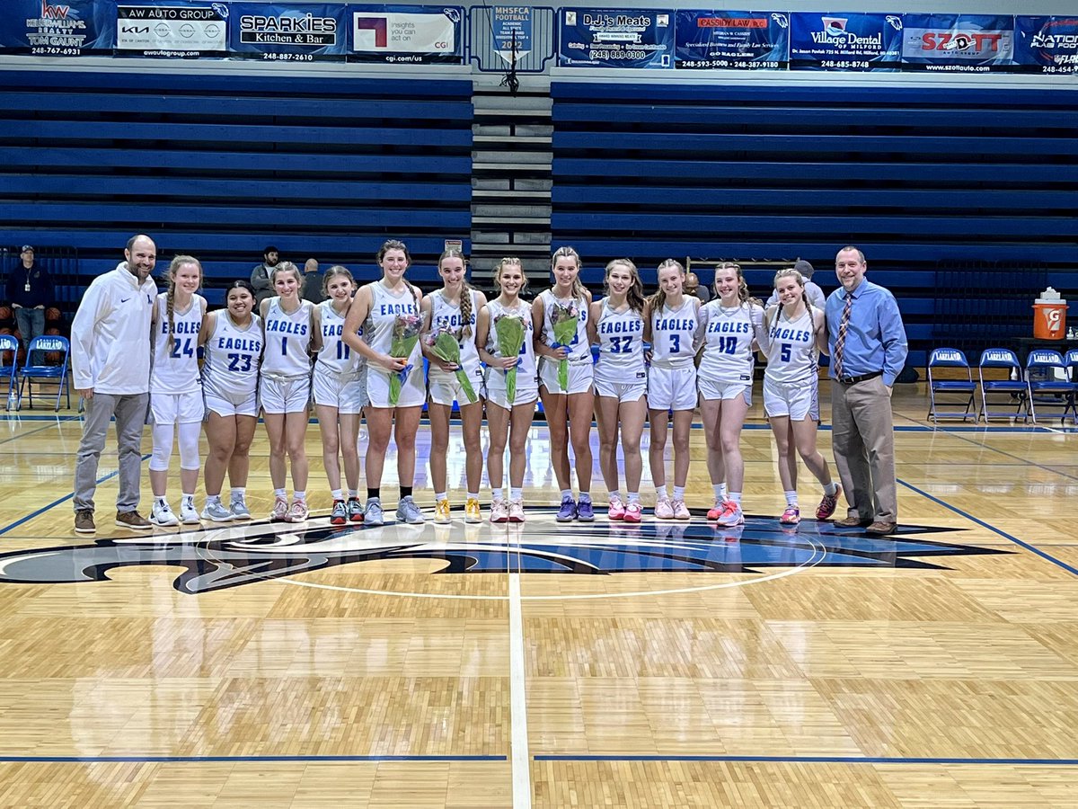 Got the W on Senior Night vs WLC, 56-16. 9 players scored. Parker Ostach led with/13 pts. Peyton Baer w/9 pts. Maddie Borders, Aubrin Miller, Brynn Taliercio, &amp; Alena Tiernan w/6 each. Congrats to our 4 Seniors; Molly, Maddie, Parker &amp; Skylar! Go Eagles! 🦅