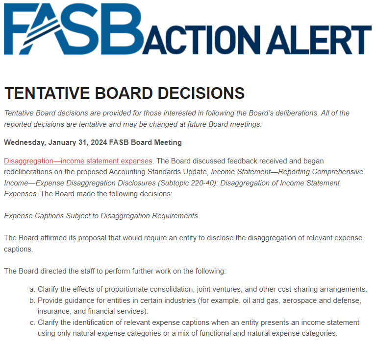 Financialnewswk's tweet image. FASB shares tentative Board decisions from its January 31 meeting on (1) disaggregation of income statement expenses and (2) accounting for environmental credit programs. fasb.org/page/PageConte… #FASB #incomestatement #USGAAP #accounting