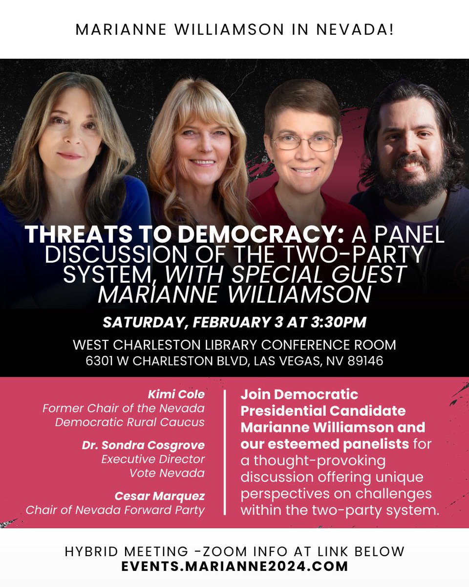 Join me in Las Vegas or virtually for a panel discussion with <a href="/SondraCosgrove/">Sondra Cosgrove</a>, <a href="/KimiColeNV/">Kimi Cole</a>, and <a href="/ZarMarquez/">Cesar Marquez</a> this Saturday at 3:30pm PT!

Details here: events.marianne2024.com/eventid_202402…