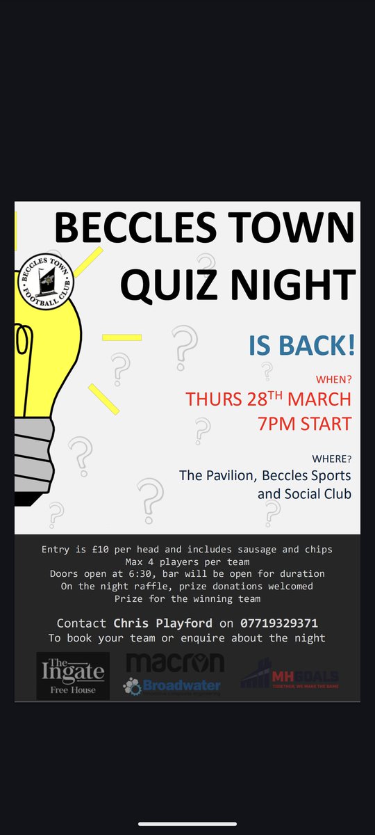 || BECCLES TOWN QUIZ

#backbypopulardemand is Beccles Town Quiz night! See below for further information! Chris Playford looks forward to welcoming you all to a great night! #ohwhatanight

⚪⛵⚫
