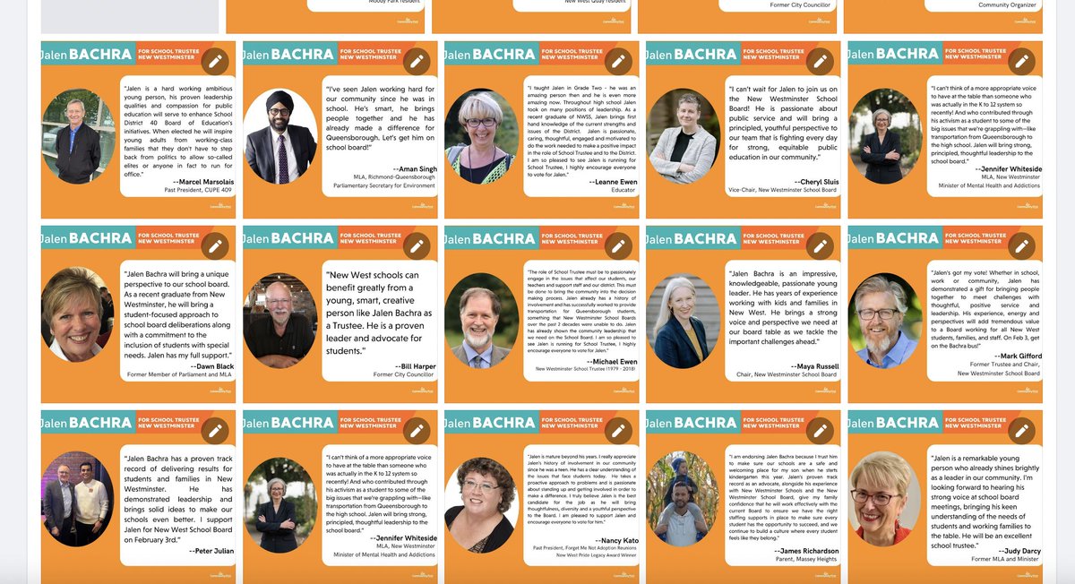Just some of the endorsements for @JalenBachra for school trustee in #NewWestminster's #sd40 by-election! These are trusted community leaders in our community. Get out and vote tomorrow! :D