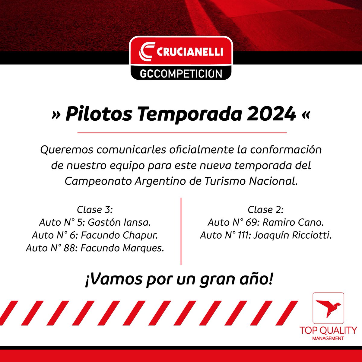 🔴 Alineación de pilotos 2024 / Clase 2 y 3 / Turismo Nacional. 
.
.
.
#CrucianelliGC #TopQuality #Temporada2024 #TurismoNacional