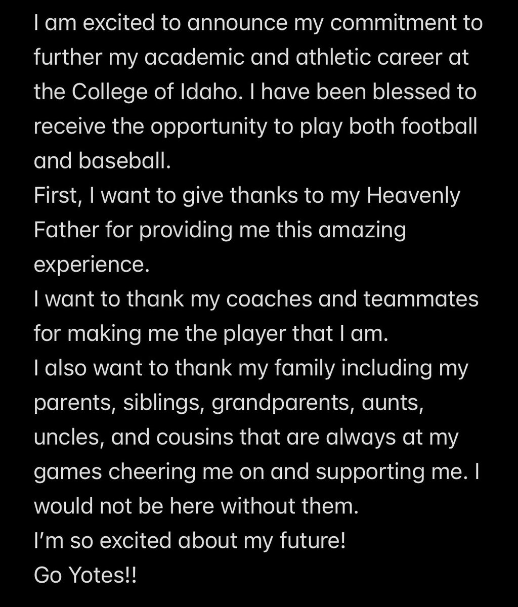 COMMITTED 🟣❗️❗️
#AGTG 
<a href="/YotesFootball/">College of Idaho Football</a> 
<a href="/coachB_Taylor/">Brian Taylor</a> <a href="/CoachRoper5/">Art Roper</a> <a href="/KoleEmplit/">Kole Emplit</a> <a href="/AdamEngel9/">Adam Engel</a> <a href="/KMVTSports/">KMVT Sports</a> <a href="/NickFarman55/">Nick Farman M.S.</a>  <a href="/PrepRedzoneID/">Prep Redzone Idaho</a> <a href="/TRS_Performance/">TRS Performance</a> <a href="/BrandonHuffman/">Brandon Huffman</a> <a href="/RAREAcademyID/">RARE Academy</a>