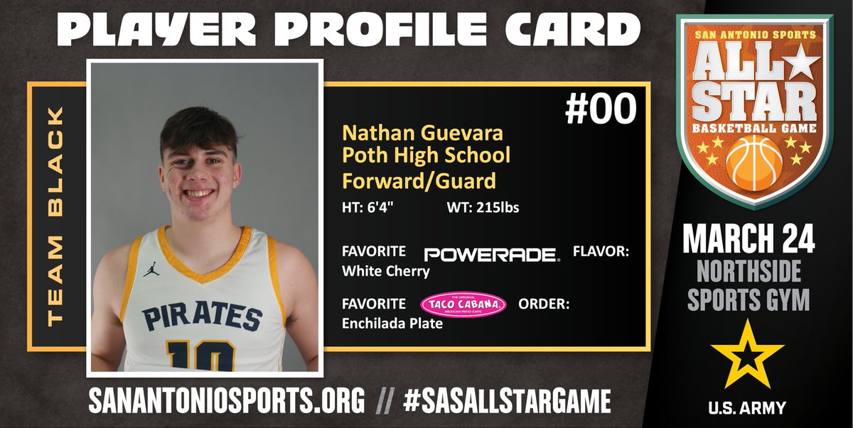 San Antonio Sports (@sa_sports) on Twitter photo Meet <a href="/NateCash2024/">Nathan Guevara</a> from Poth High School who will compete in the San Antonio Sports All-Star Basketball Game at the Northside Sports Gym on March 24th! @usarmysatx #SASAllStarGame <a href="/USArmy/">U.S. Army</a> #BeAllYouCanBe
<a href="/StrattonCFrye/">Coach Frye</a> Meet <a href="/NateCash2024/">Nathan Guevara</a> from Poth High School who will compete in the San Antonio Sports All-Star Basketball Game at the Northside Sports Gym on March 24th! @usarmysatx #SASAllStarGame <a href="/USArmy/">U.S. Army</a> #BeAllYouCanBe
<a href="/StrattonCFrye/">Coach Frye</a>