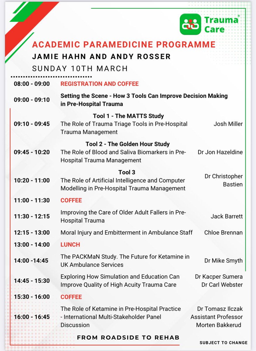 AmboResearch's tweet photo. With @TraumaCareUK conference 2024 just around the corner, have you got your ticket? 

6 days of education, across all professions and clinical settings. Paramedic conference Sunday 10th March

Full programme here https://t.co/FhSTiV8Ugx

Tickets https://t.co/Equ5sRIlmb https://t.co/WsnTO52L7d
