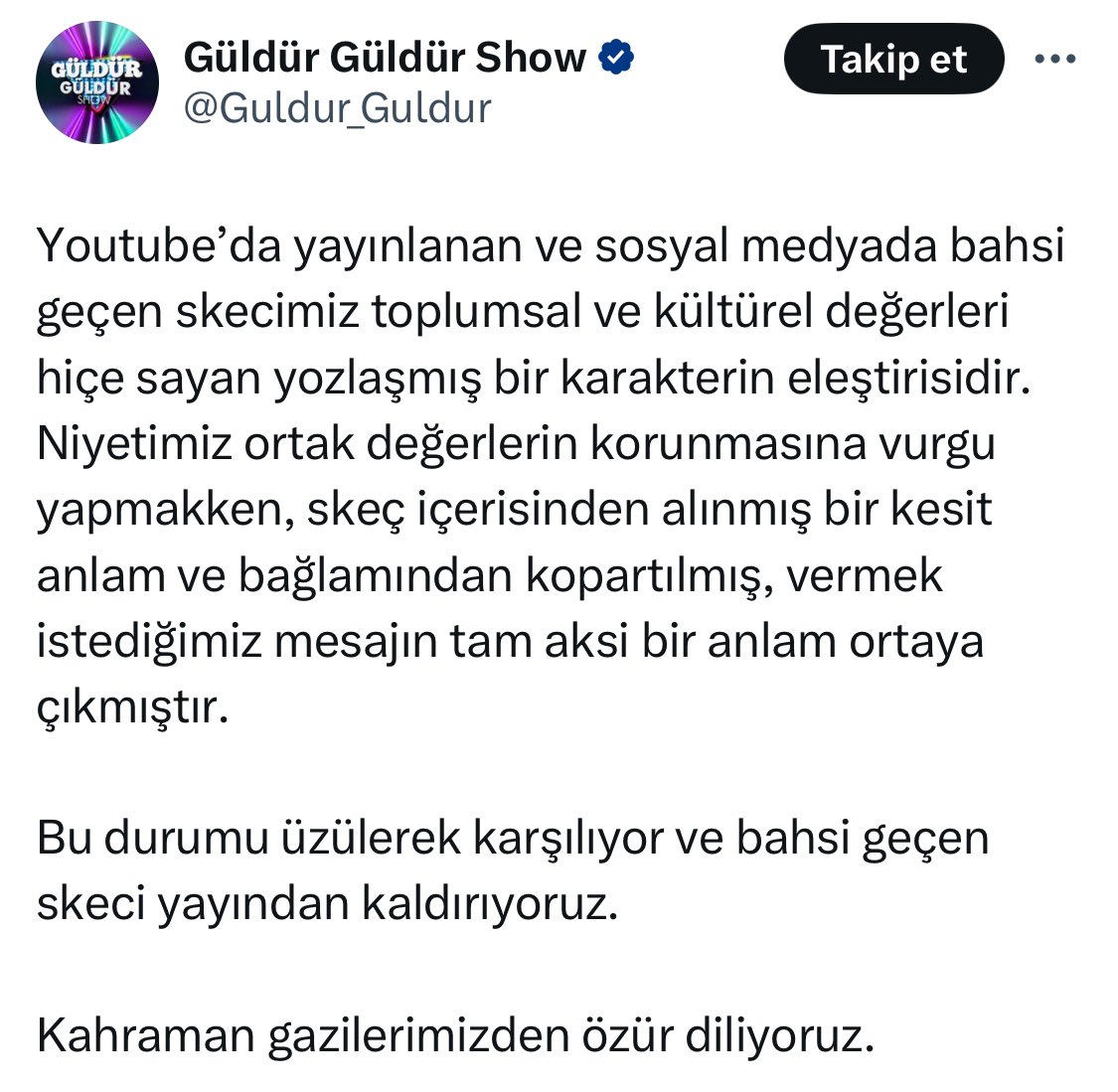 Özrü kabahatinden büyük:ne demek “yozlaşmış bir karakterin eleştirisi“.
Gazilik sizin oyuncağınız mı?
Bu skeci hazırlarken hiçbir gazi ile konuştunuz mu?
Böyle hassas konular danışılmadan yapılmaz.Bilmiyorsanız sorun öğrenin.
#GüldürGüldürHaddiniBil