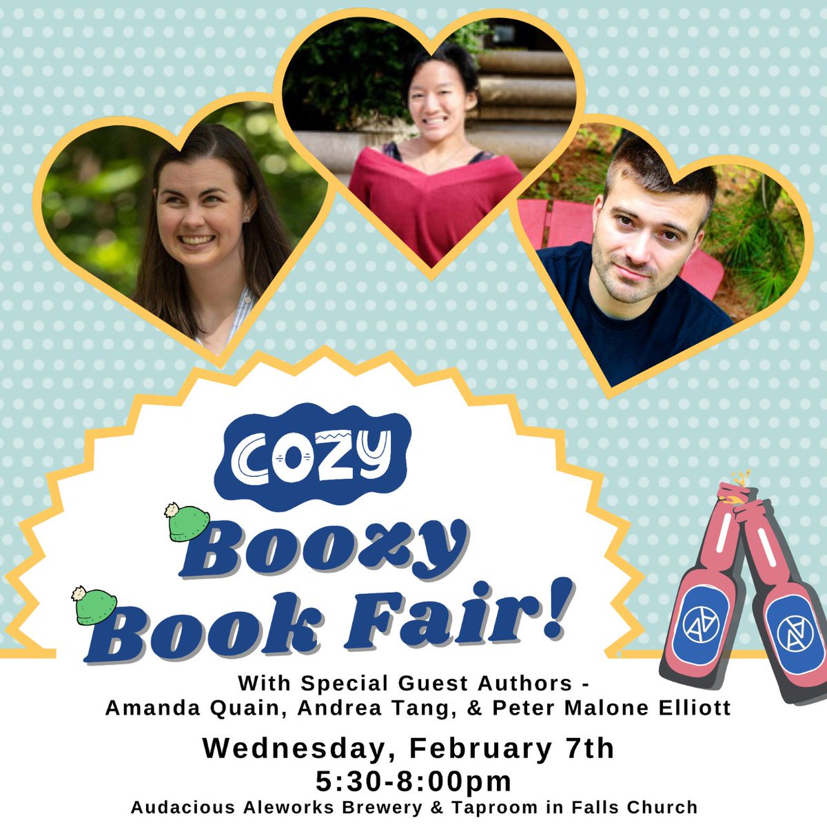 Only a few more days until our next Boozy Bookfair at @AudaciousAle! This time, we have not 1- not 2- but 3 amazing authors who will be there to chat, give their own recommendations, & sign books: @quainiac , @atangwrites , and Peter Malone Elliott! Will we see you on Wednesday?