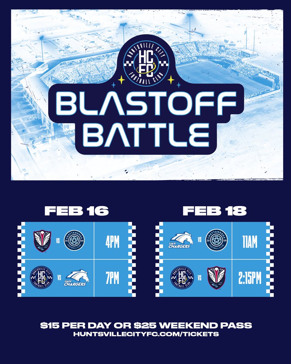 HuntCityFC's tweet photo. Welcome to the Blastoff Battle, @UAH_MSOC 🚀  

University of Alabama in Huntsville joins the inaugural Huntsville City FC Blastoff Battle in place of FC Tulsa

📰 » https://t.co/4gGecqieDc https://t.co/b6wZv5XO27