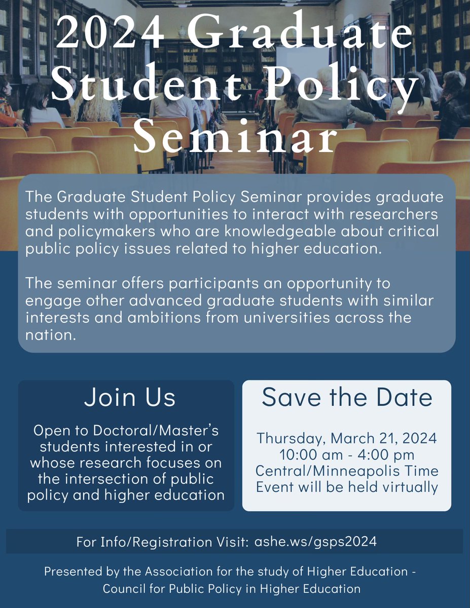 Yooooo! The planning team has been cooking 👇🏾👇🏾

The 2024 ASHE Graduate Student Policy Seminar website is live &amp; registration is now open! We are hosting an amazing one-day event on Thursday, March 21st from 10am-4pm CT.  Schedule details and sign-up here: ashe.ws/gsps2024