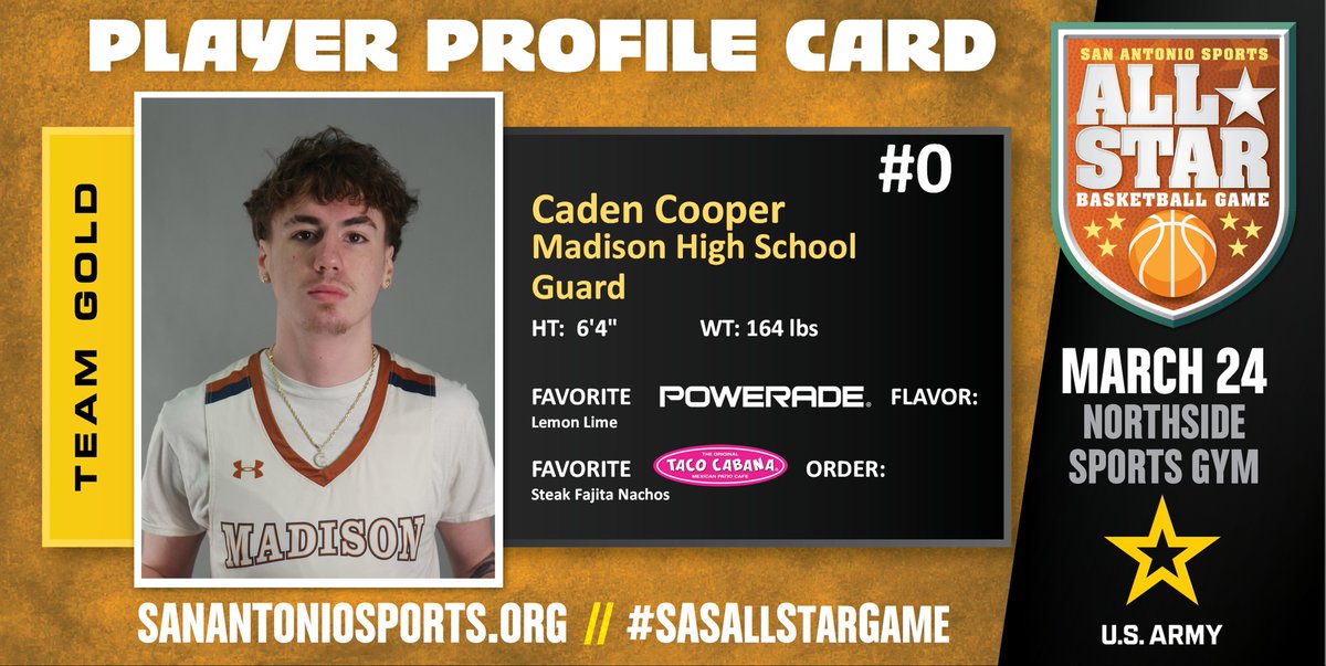 Meet @Cadencooper17 from <a href="/SAMadisonHoops/">SA Madison Hoops</a> who will compete in the San Antonio Sports All-Star Basketball Game at the Northside Sports Gym on March 24th! @usarmysatx #SASAllStarGame <a href="/USArmy/">U.S. Army</a> #BeAllYouCanBe 

<a href="/Cole02Martinez/">Cole Martinez</a>