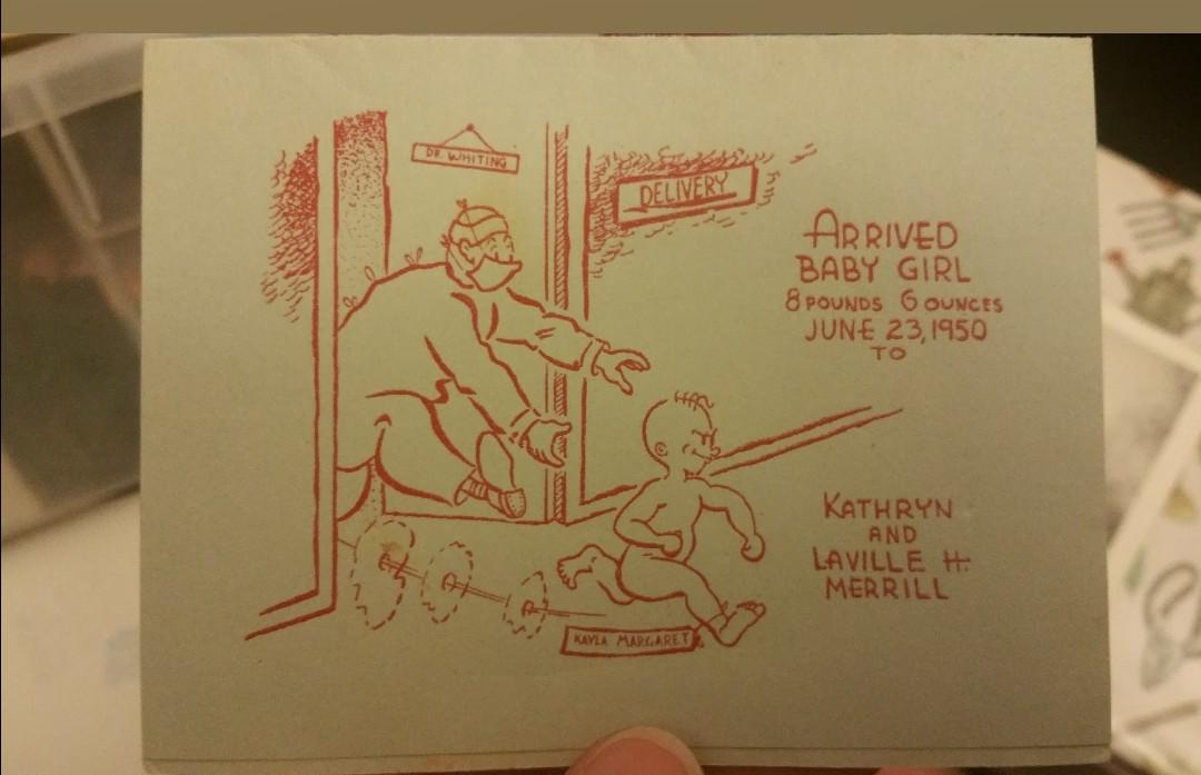 A birth announcement card from 1950 found in my great grandmas stuff