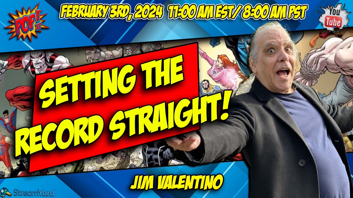 "TONIGHT, WE RECORD AND TOMORROW WE PREMIER!"

Saturday February 3rd at 11:00 AM EST/8:00 AM PST we will be premiering our interview (pre-recorded) with Jim Valentino "SETTING THE RECORD STRAIGHT!" discussing what really happened during his tenure as IMAGE Publisher.

Subscribe