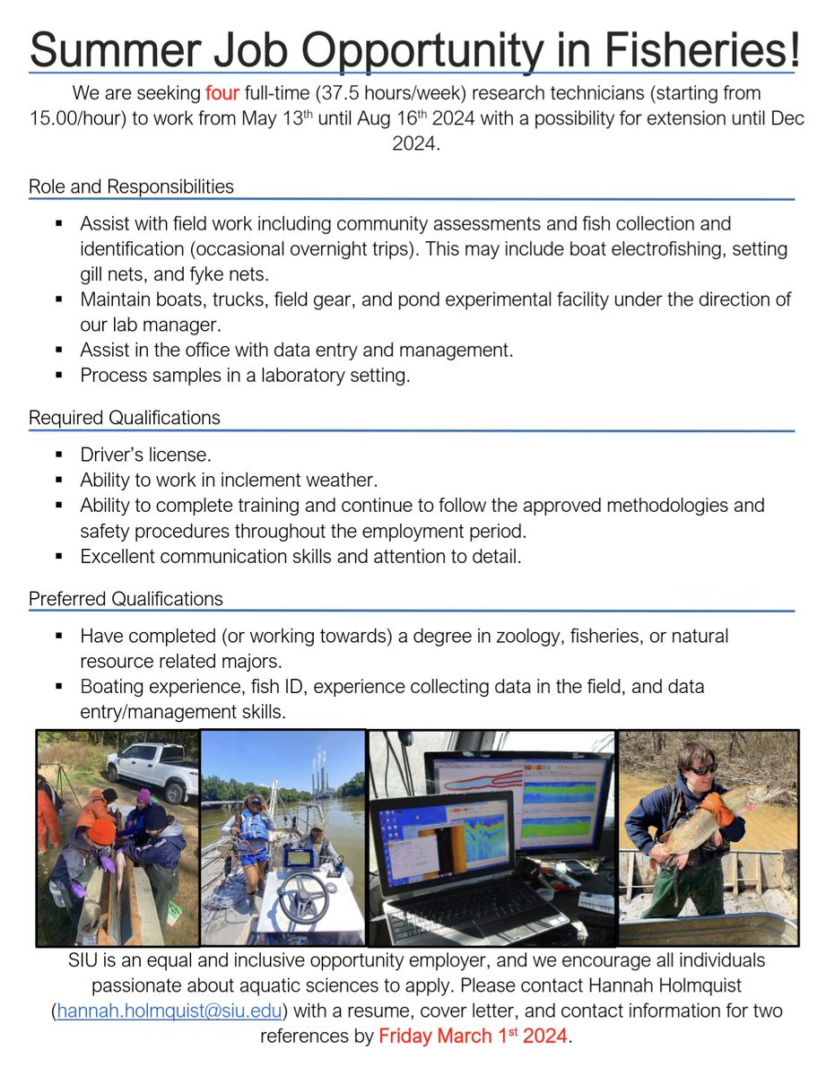 Hey all! It's that time of year again! 

🚨 We have 4 full-time summer internships available in fisheries. 🐟 Please pass along!