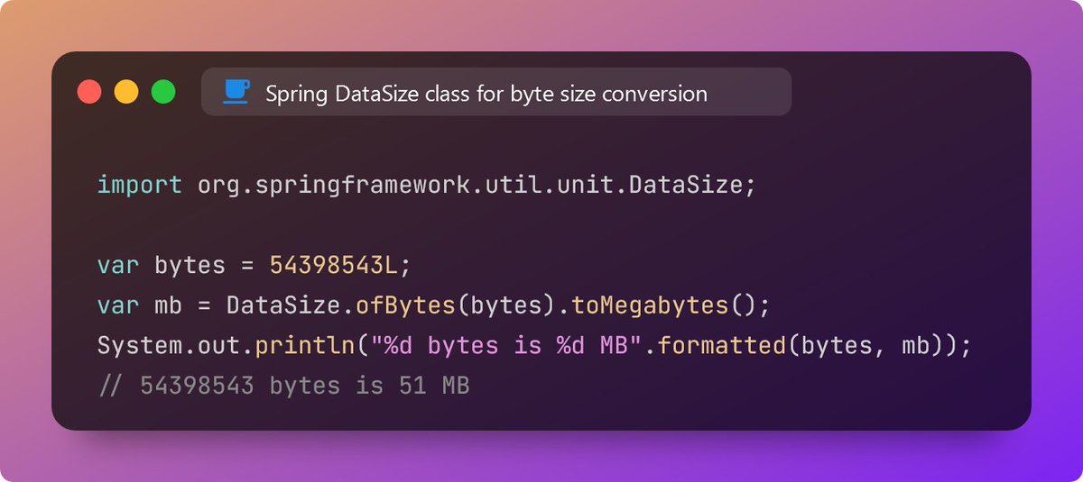 NiestrojRobert's tweet image. #Java @springframework Tip: #SpringFramework has a class called DataSize which can help you with the conversion between byte size units from bytes up to terabytes. The amount needs to be of type long. Fractions are not supported. docs.spring.io/spring-framewo…